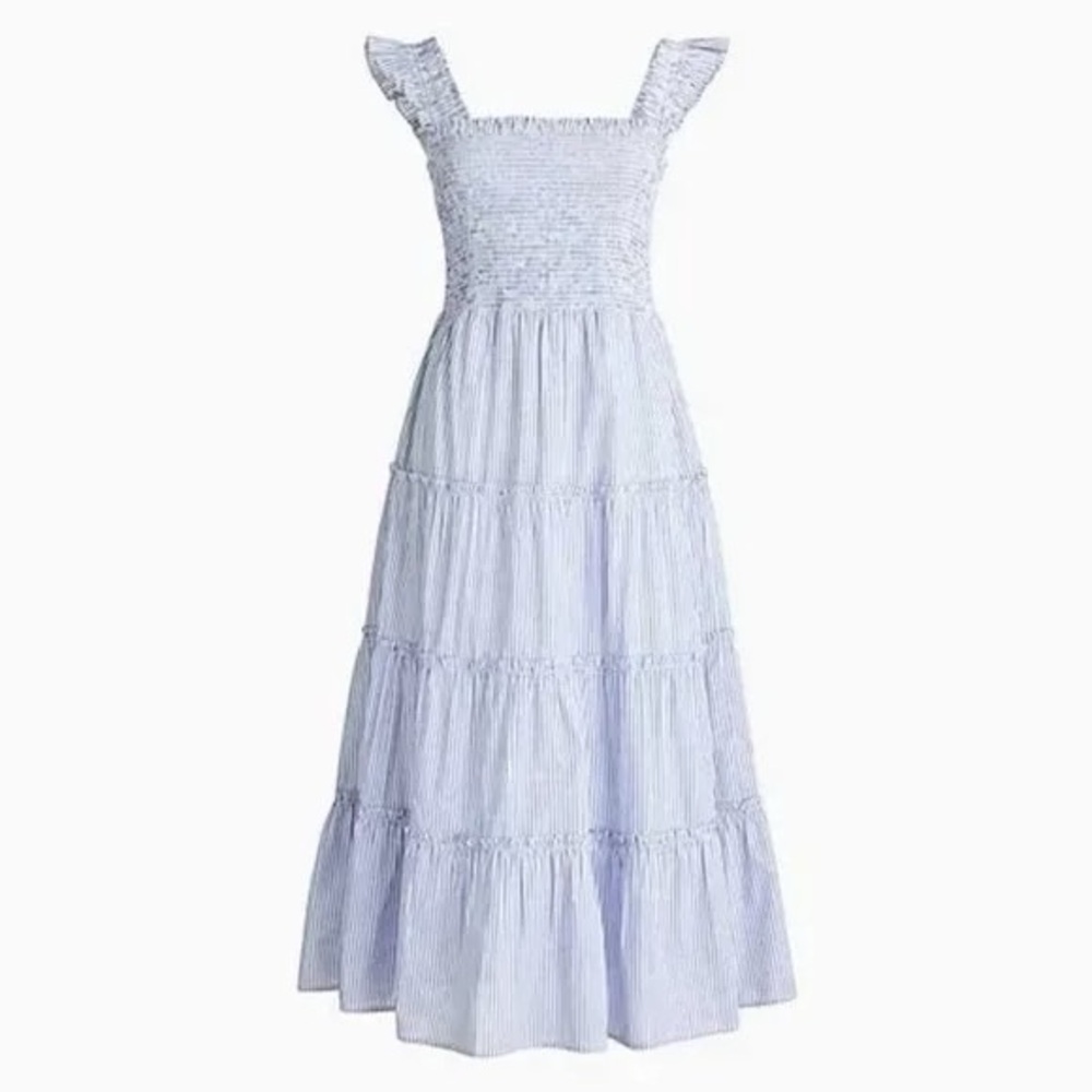 NWOT — J. Crew Factory Blue & White Striped Smocked Tiered Midi Dress